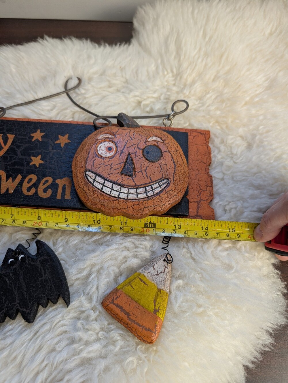 Vintage Style Happy Halloween Pumpkin Ghost Bat Candy Corn Hanging Sign Decor - Picture 5 of 6